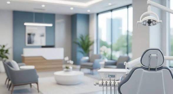 Ambiente odontoiatrico moderno con area accoglienza